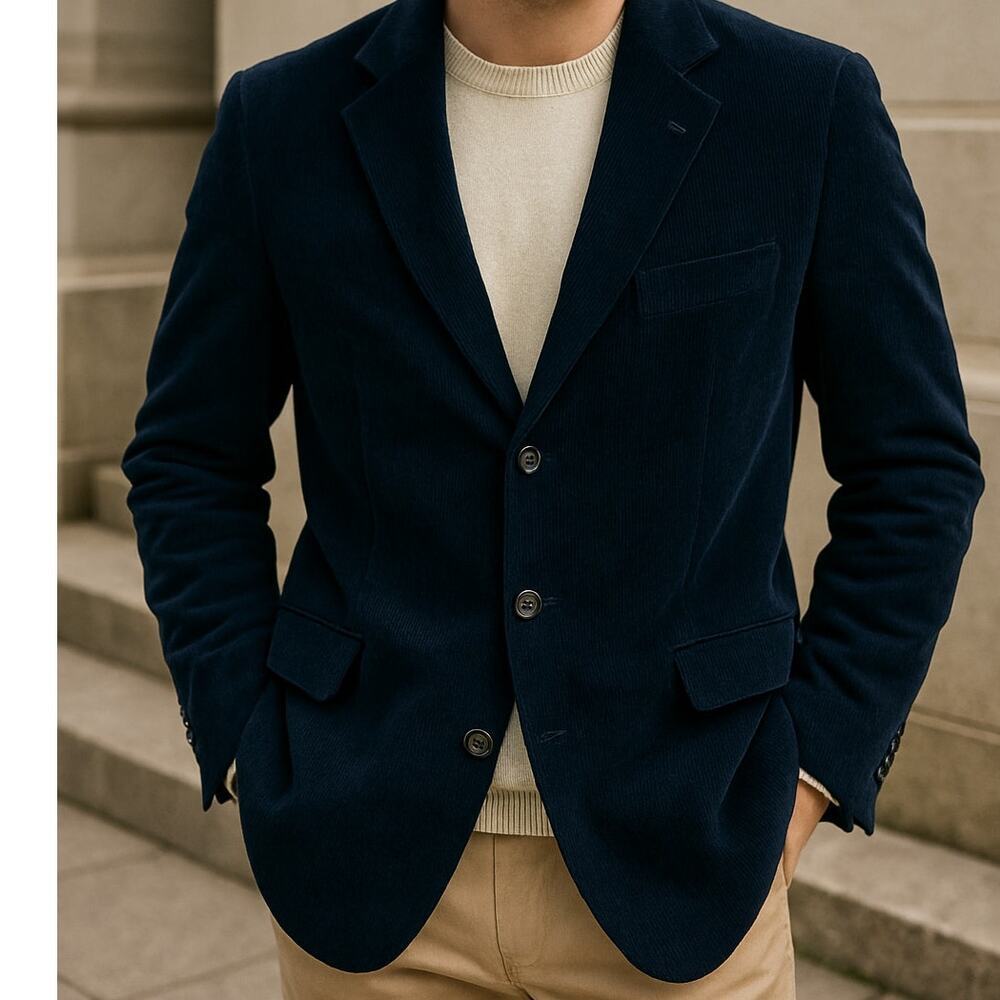Vtg Y2K Concrete Corduroy Mens Blazer 42 Preppy Ivy  Navy 3 Button Pinwhale